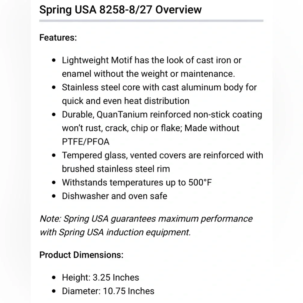Spring USA 8258-8/27 3 Qt Titanium Round Non-Stick Induction Casserole Dish Lid